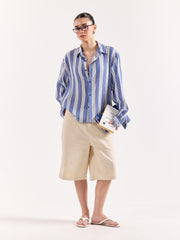 Royal Blue & White Striped Textured Oversized Shirt