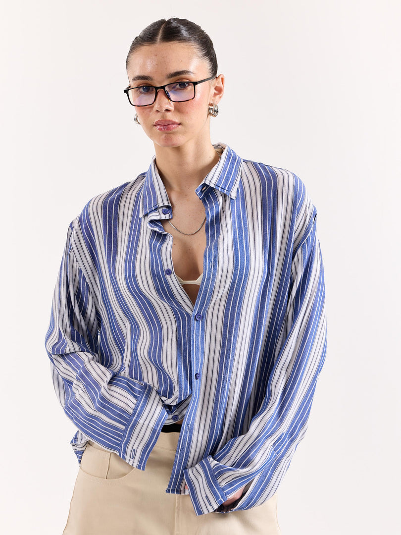 Royal Blue & White Striped Textured Oversized Shirt