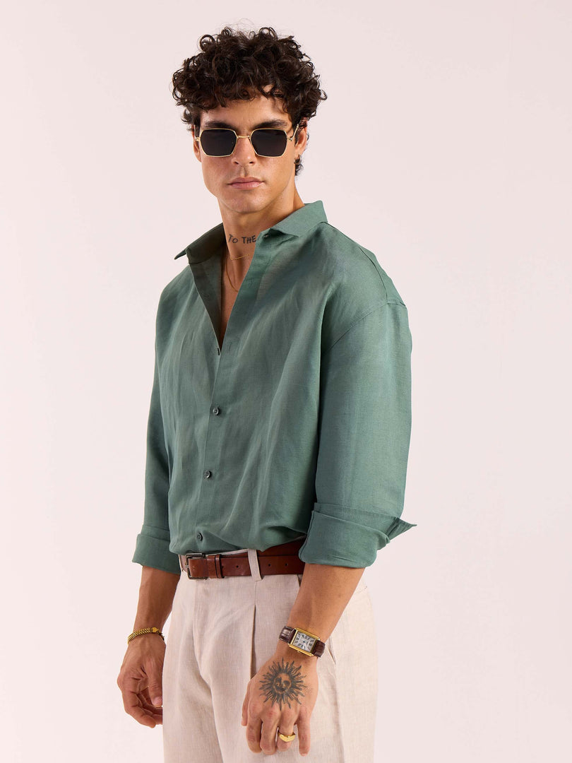Sage Green Linen Cropped Shirt