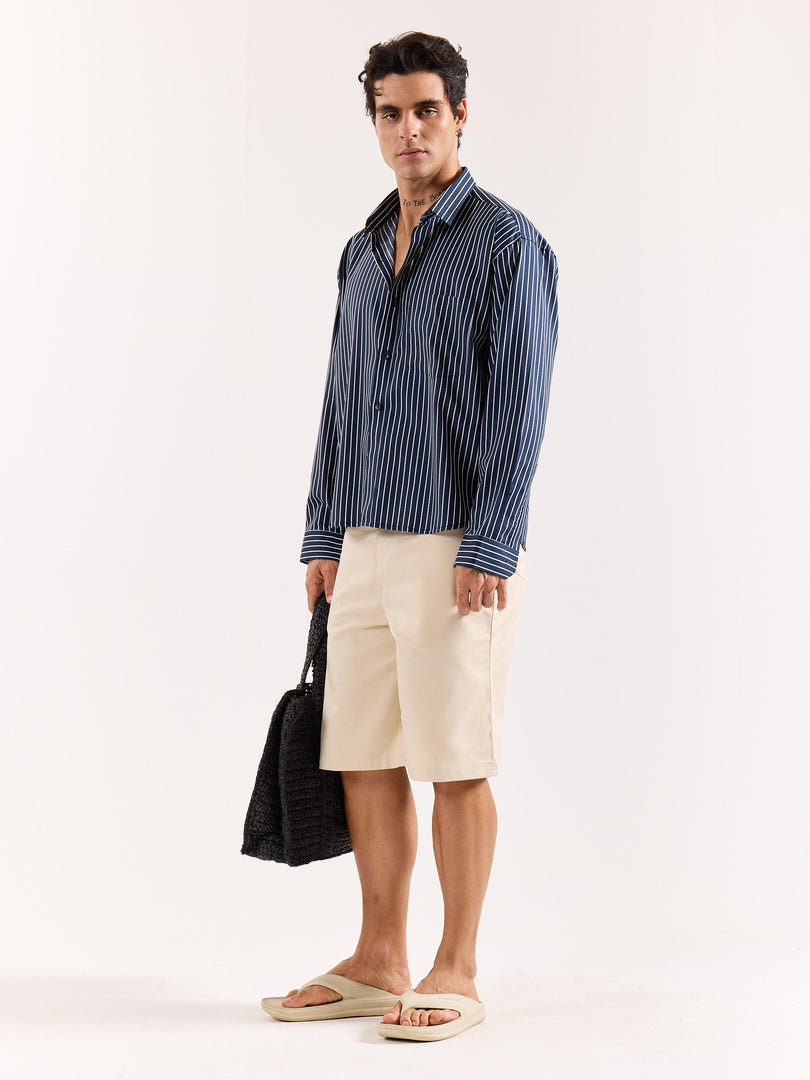 Dark Blue Pinstriped Poplin Oversized Shirt