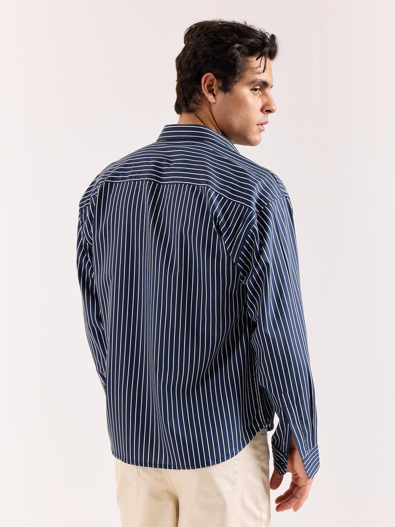 Dark Blue Pinstriped Poplin Oversized Shirt