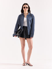 Dark Blue Pinstriped Poplin Oversized Shirt