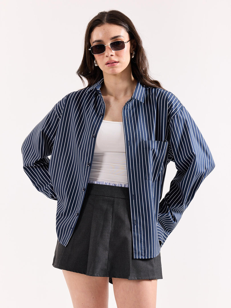 Dark Blue Pinstriped Poplin Oversized Shirt