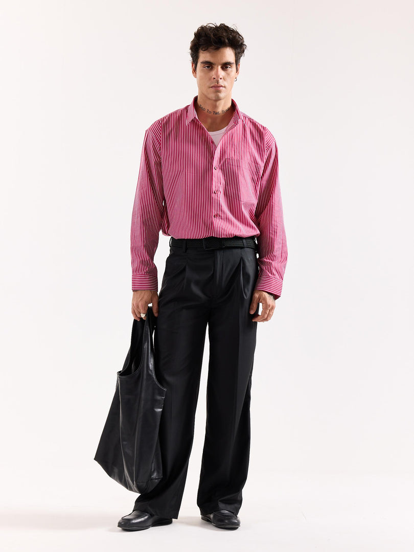 Cherry Red Pinstriped Poplin Oversized Shirt