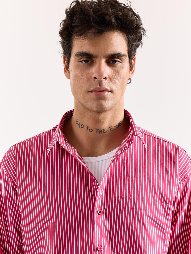 Cherry Red Pinstriped Poplin Oversized Shirt