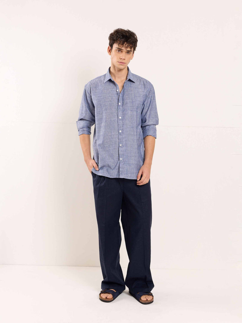 Navy Blue Striped Linen Shirt ( Pre-Order )