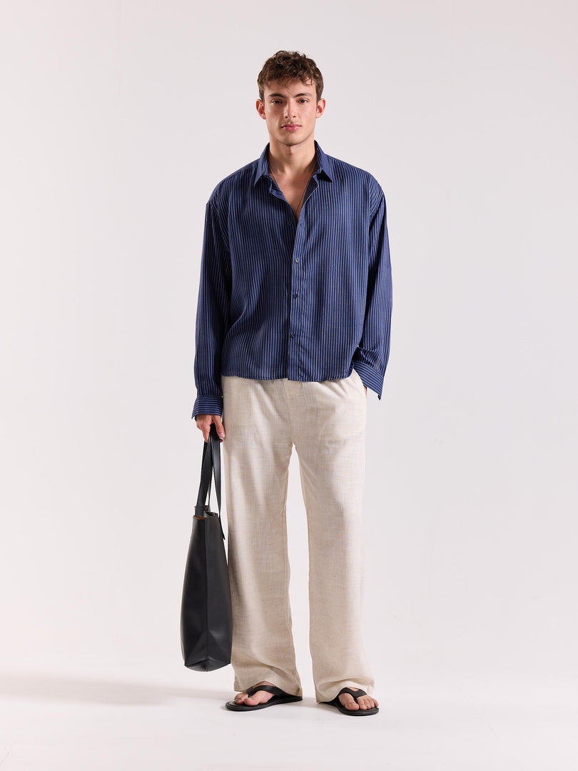 Blue Pinstriped Linen Cropped Shirt ( Pre-Order )