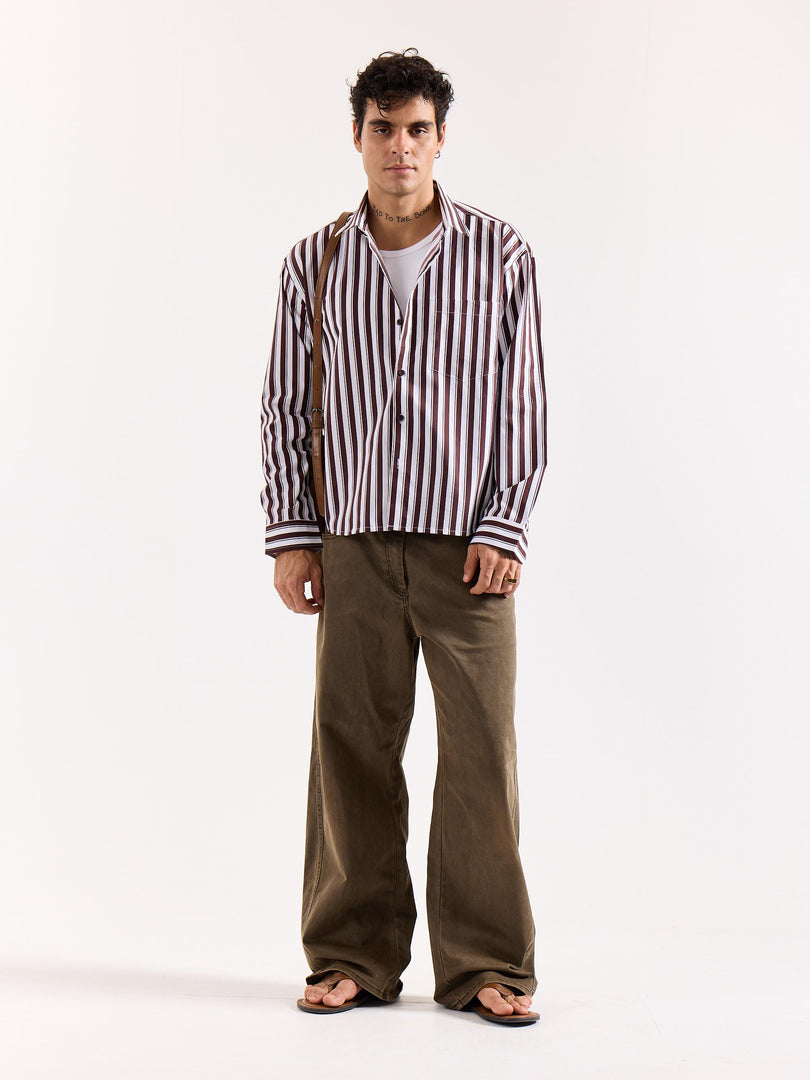Coffee Brown & White Striped Poplin Oversized Shirt