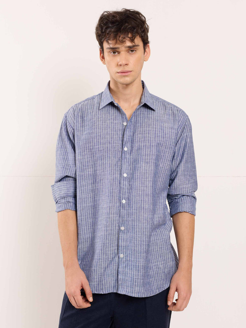 Navy Blue Striped Linen Shirt ( Pre-Order )