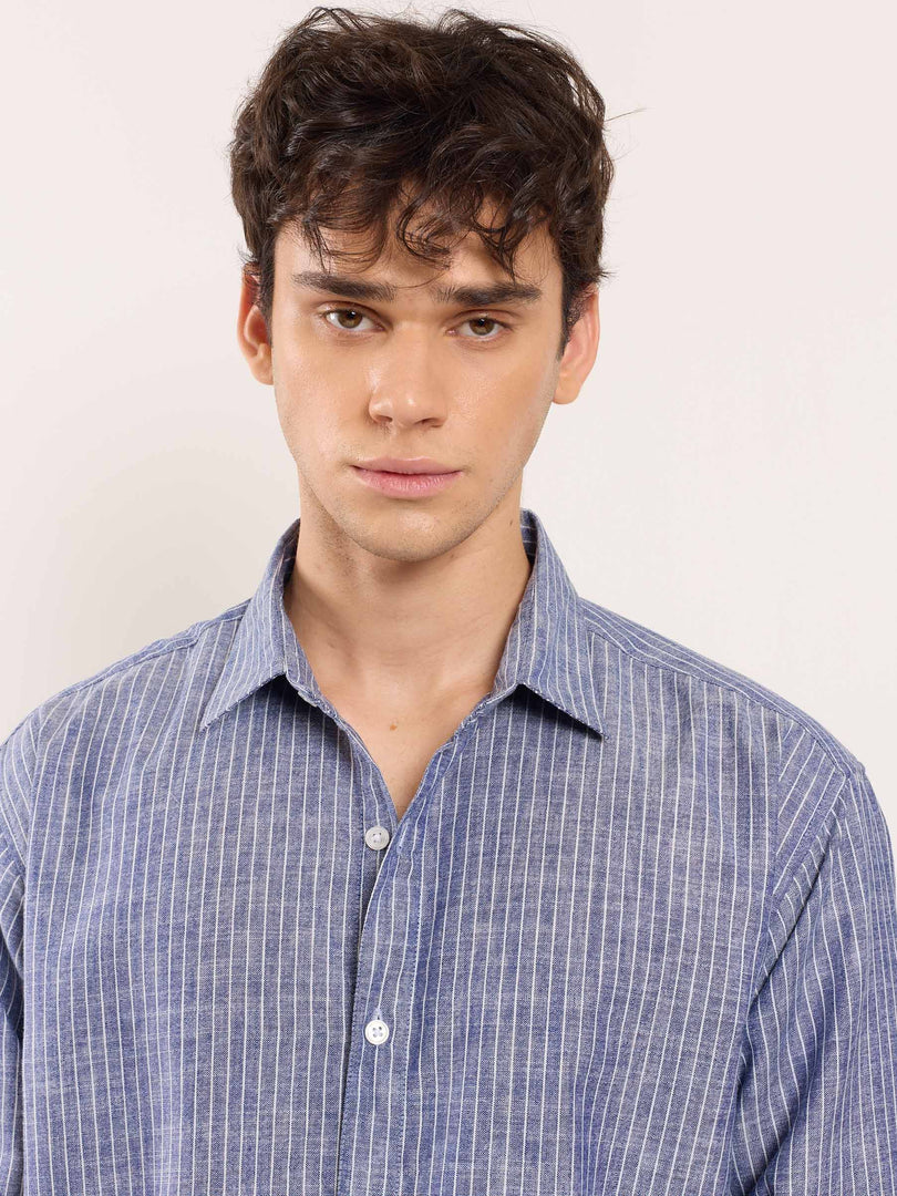 Navy Blue Striped Linen Shirt ( Pre-Order )