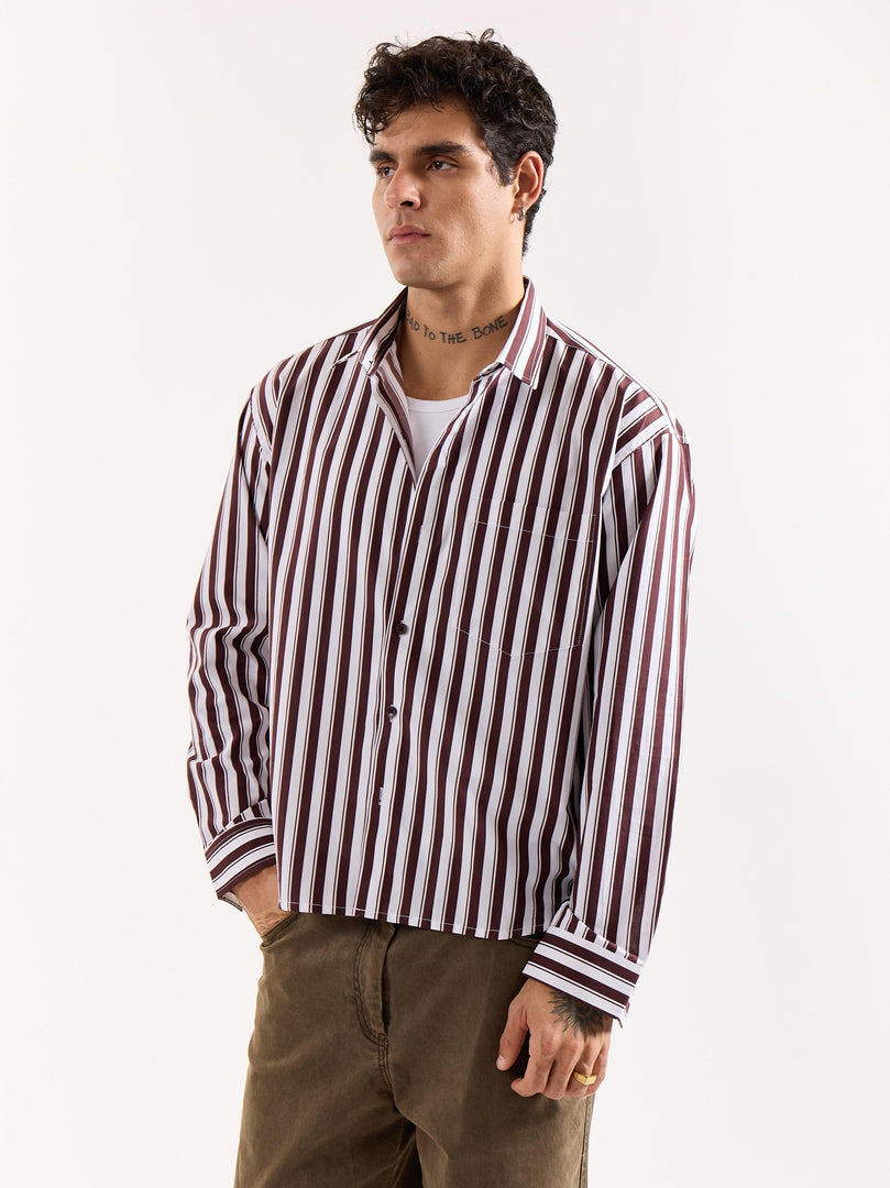 Coffee Brown & White Striped Poplin Oversized Shirt