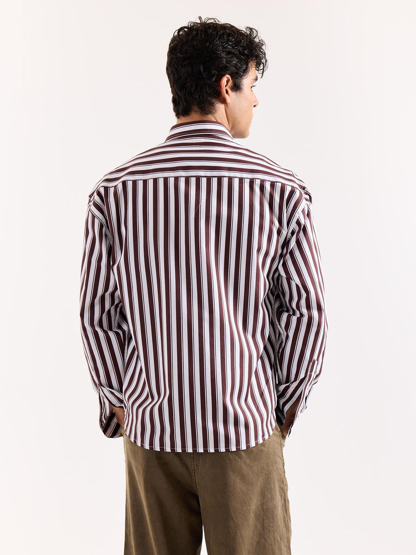 Coffee Brown & White Striped Poplin Oversized Shirt