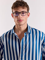 Load image into Gallery viewer, Blue &amp; White Striped Drape Shirt
