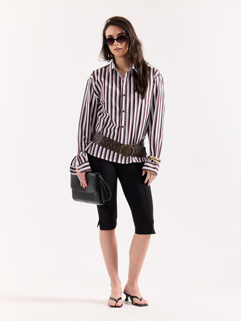 Coffee Brown & White Striped Poplin Oversized Shirt