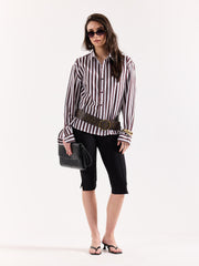 Coffee Brown & White Striped Poplin Oversized Shirt