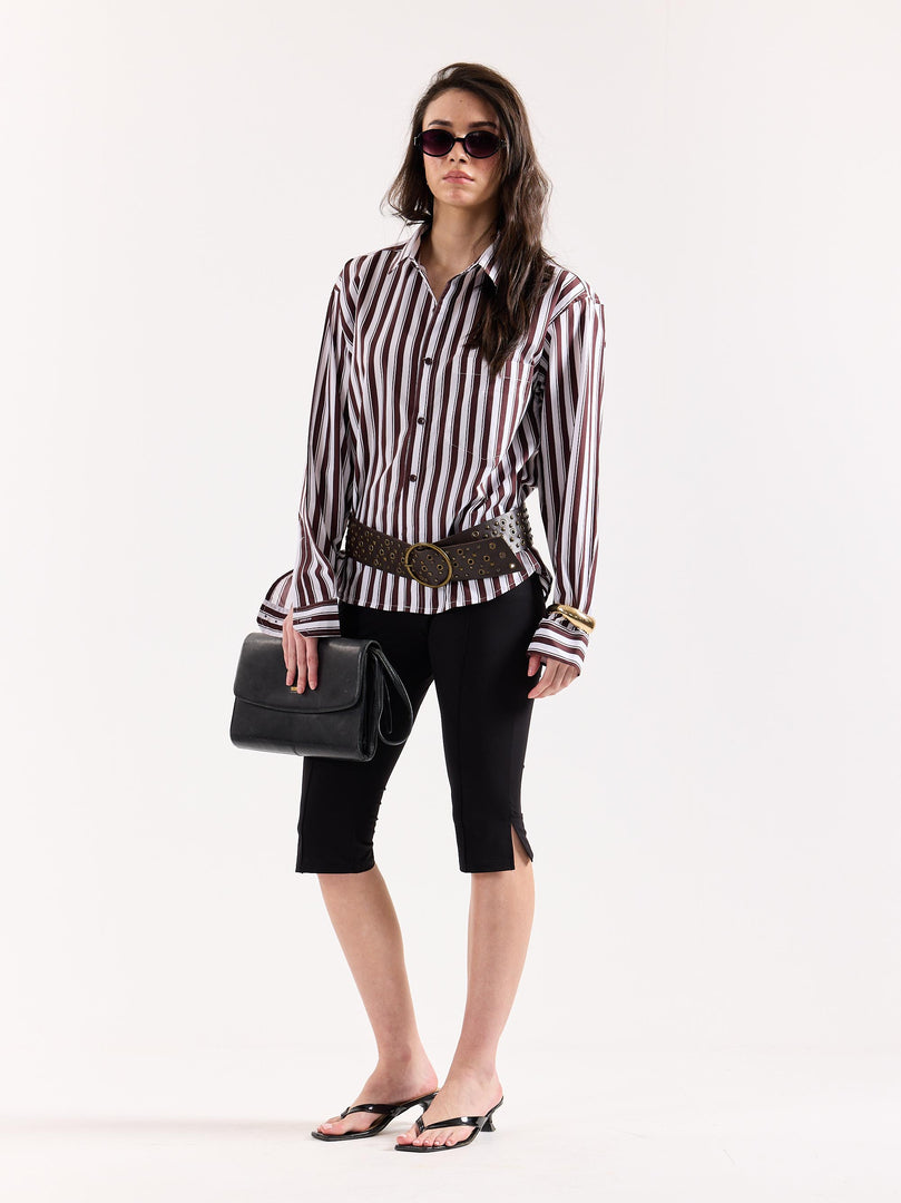 Coffee Brown & White Striped Poplin Oversized Shirt
