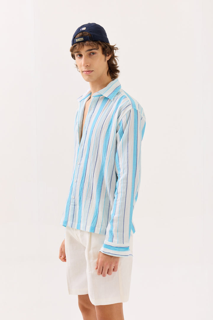 Sky Blue Striped Gauze Holiday Shirt