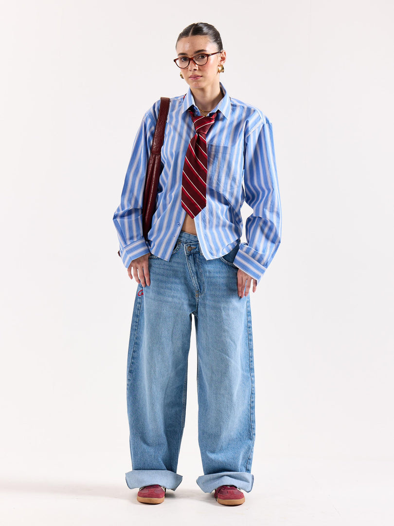 Mid Blue & White Striped Poplin Oversized Shirt
