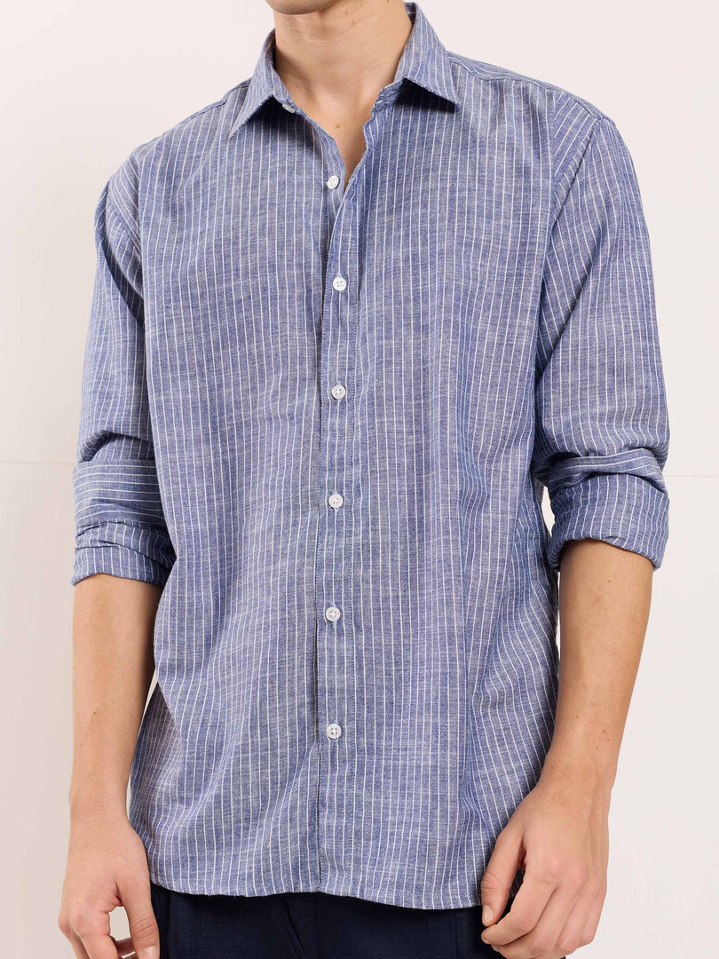 Navy Blue Striped Linen Shirt ( Pre-Order )