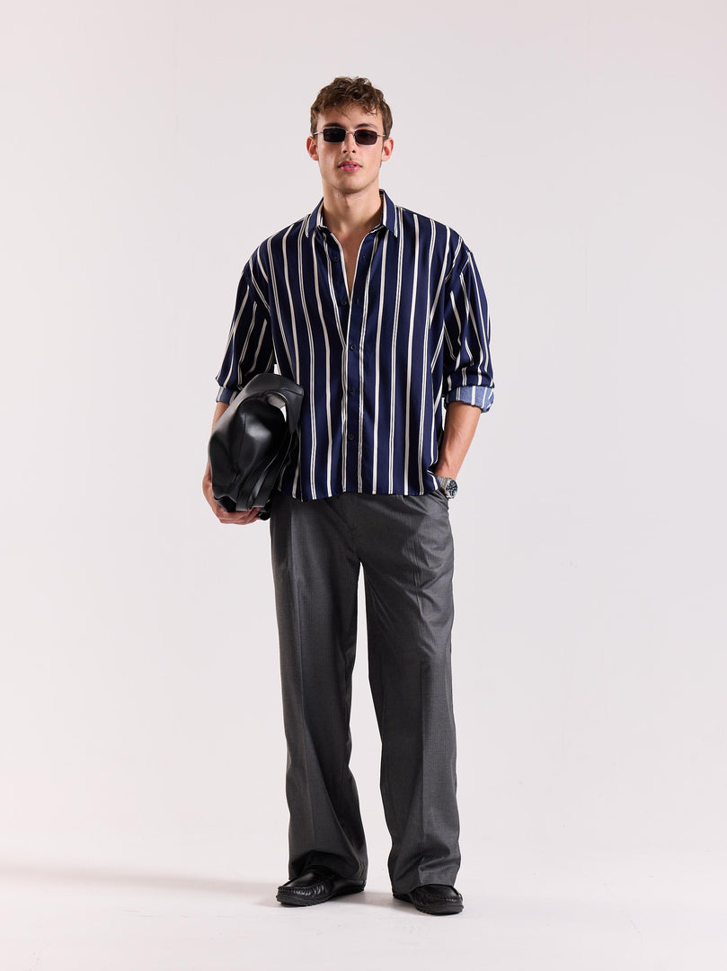 Navy Blue & White Striped Drape Shirt