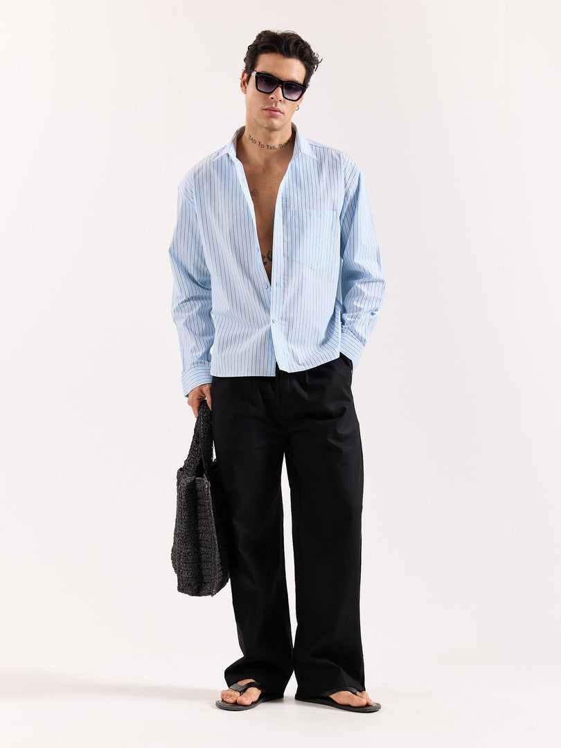 Sky Blue & Black Striped Poplin Oversized Shirt