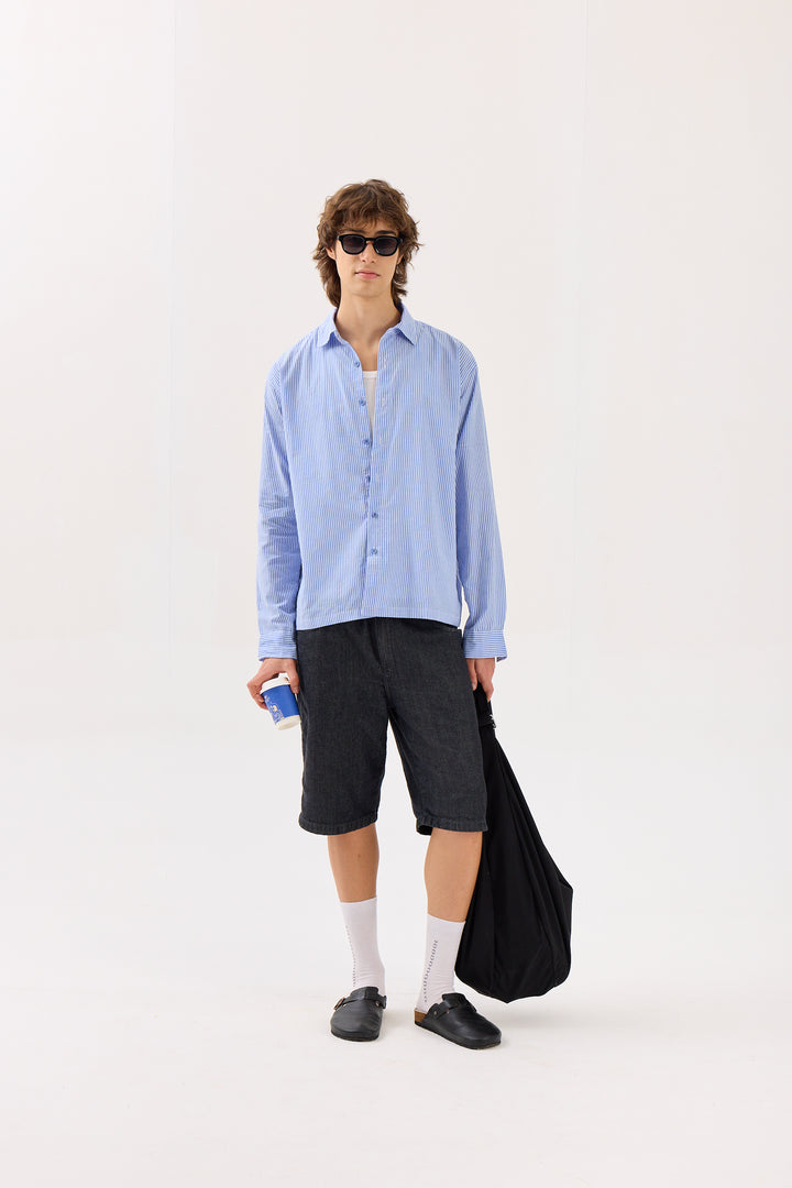 Blue & White Striped Seersucker Holiday Shirt