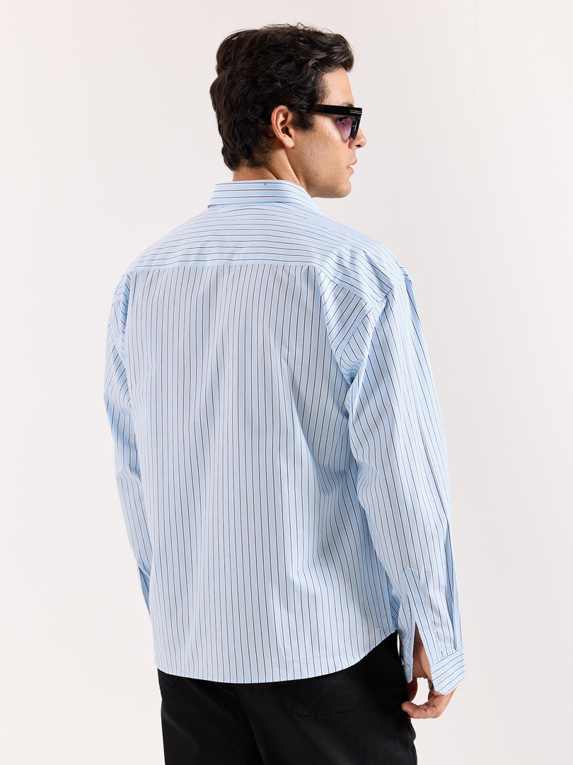 Sky Blue & Black Striped Poplin Oversized Shirt