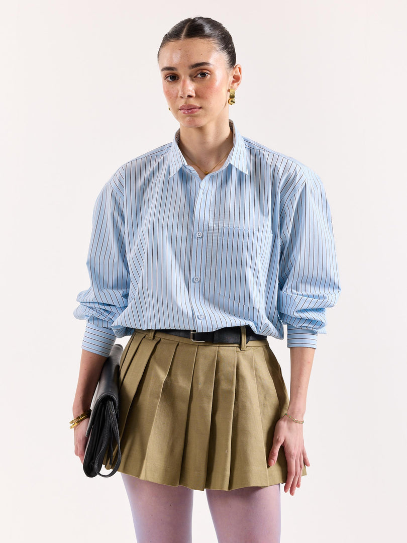 Sky Blue & Black Striped Poplin Oversized Shirt