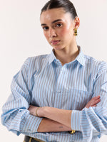 Load image into Gallery viewer, Sky Blue &amp; Black Striped Poplin Oversized Shirt