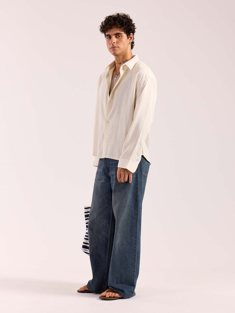 Almond White Linen Cropped Shirt  ( Pre-Order )