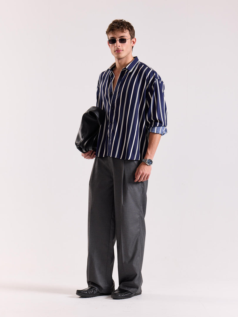 Navy Blue & White Striped Drape Shirt