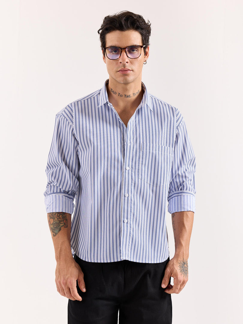 White & Blue Striped Poplin Oversized Shirt