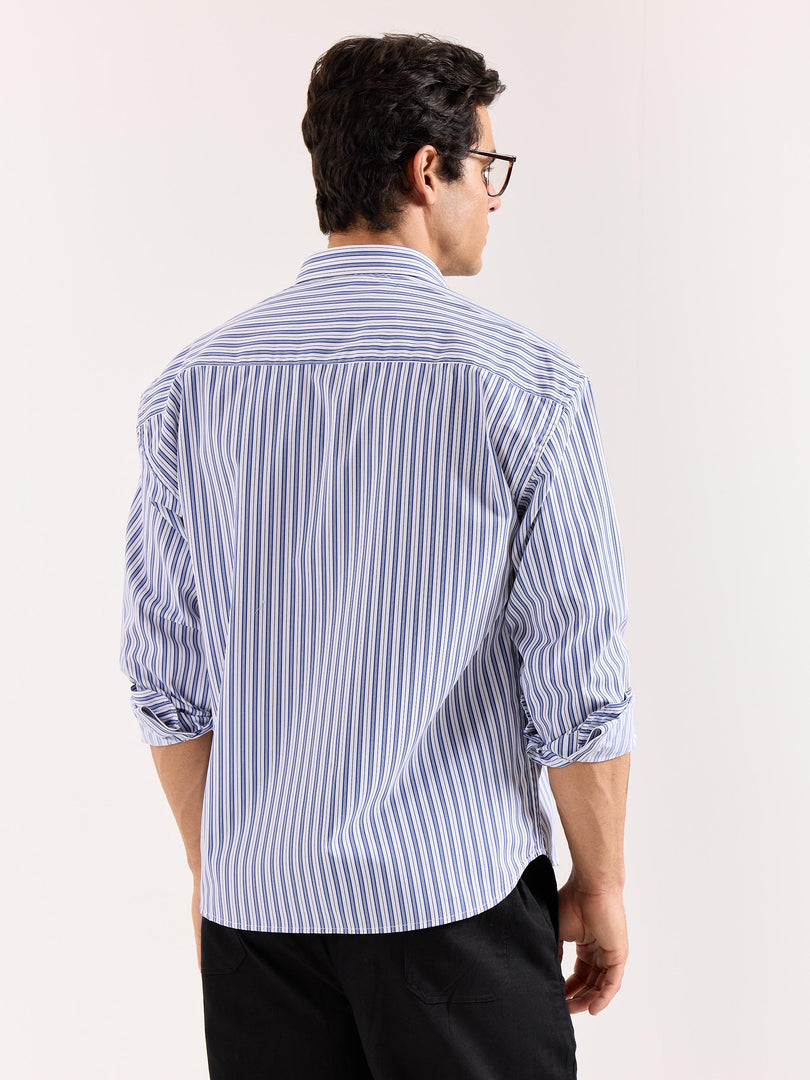 White & Blue Striped Poplin Oversized Shirt