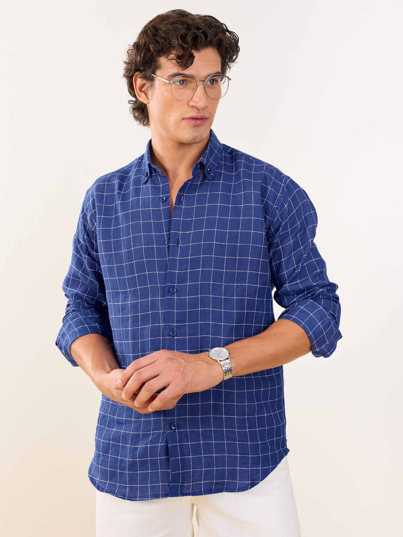 Royal Blue Checked Irish Linen Shirt