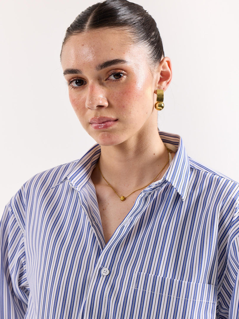 White & Blue Striped Poplin Oversized Shirt