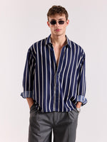 Load image into Gallery viewer, Navy Blue &amp; White Striped Drape Shirt