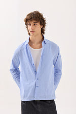 Load image into Gallery viewer, Blue &amp; White Striped Seersucker Holiday Shirt
