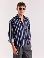 Load image into Gallery viewer, Navy Blue &amp; White Striped Drape Shirt