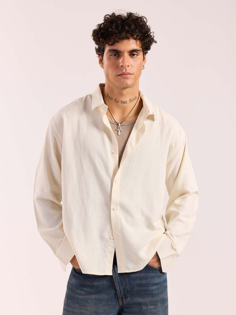 Almond White Linen Cropped Shirt  ( Pre-Order )