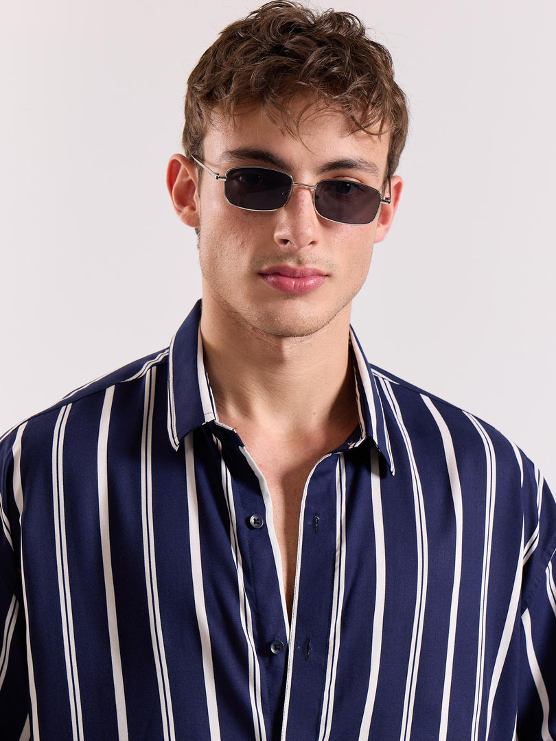 Navy Blue & White Striped Drape Shirt