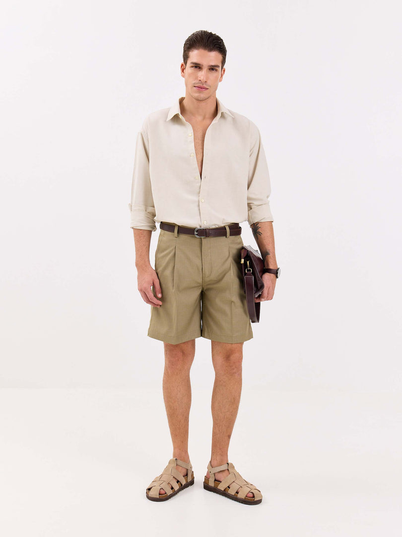 Khaki Checked Trouser Shorts