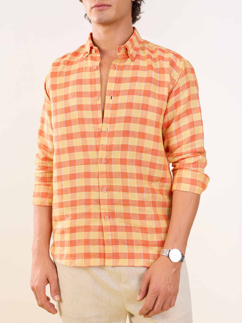 Orange & Yellow Checked Irish Linen Shirt