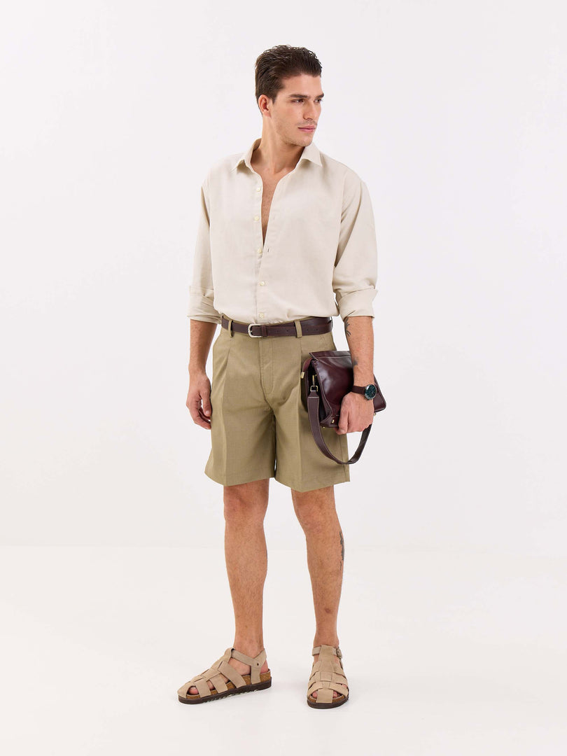 Khaki Checked Trouser Shorts
