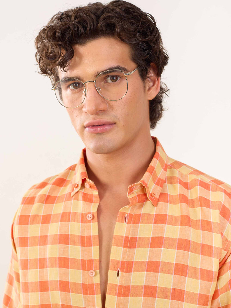 Orange & Yellow Checked Irish Linen Shirt