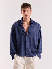 Blue Pinstriped Linen Cropped Shirt
