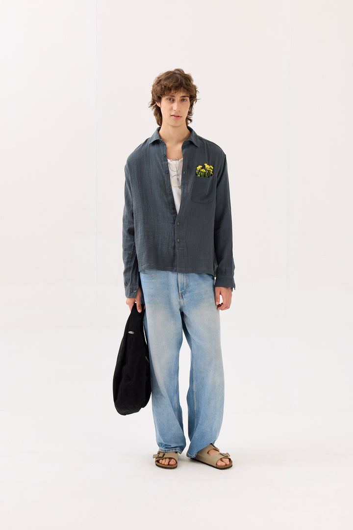 Blue Grey Gauze Holiday Shirt
