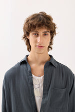 Load image into Gallery viewer, Blue Grey Gauze Holiday Shirt
