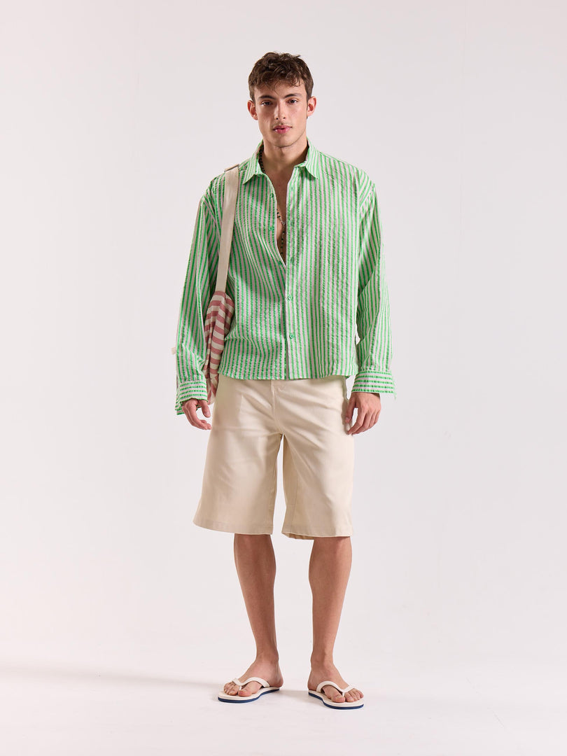 Green & Pink Seersucker Oversized Cropped Shirt