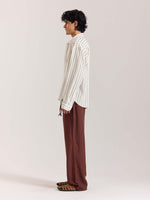 Load image into Gallery viewer, White &amp; Brown Striped Linen Cropped Shirt