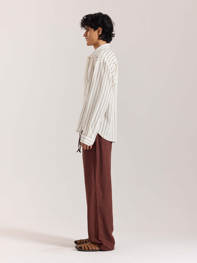 White & Brown Striped Linen Cropped Shirt